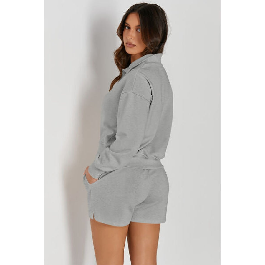 Half Button Sweatshirt and Shorts Active Set Clothing