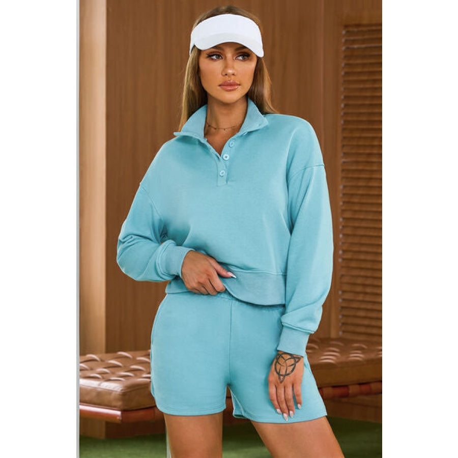 Half Button Sweatshirt and Shorts Active Set Pastel Blue / S Clothing