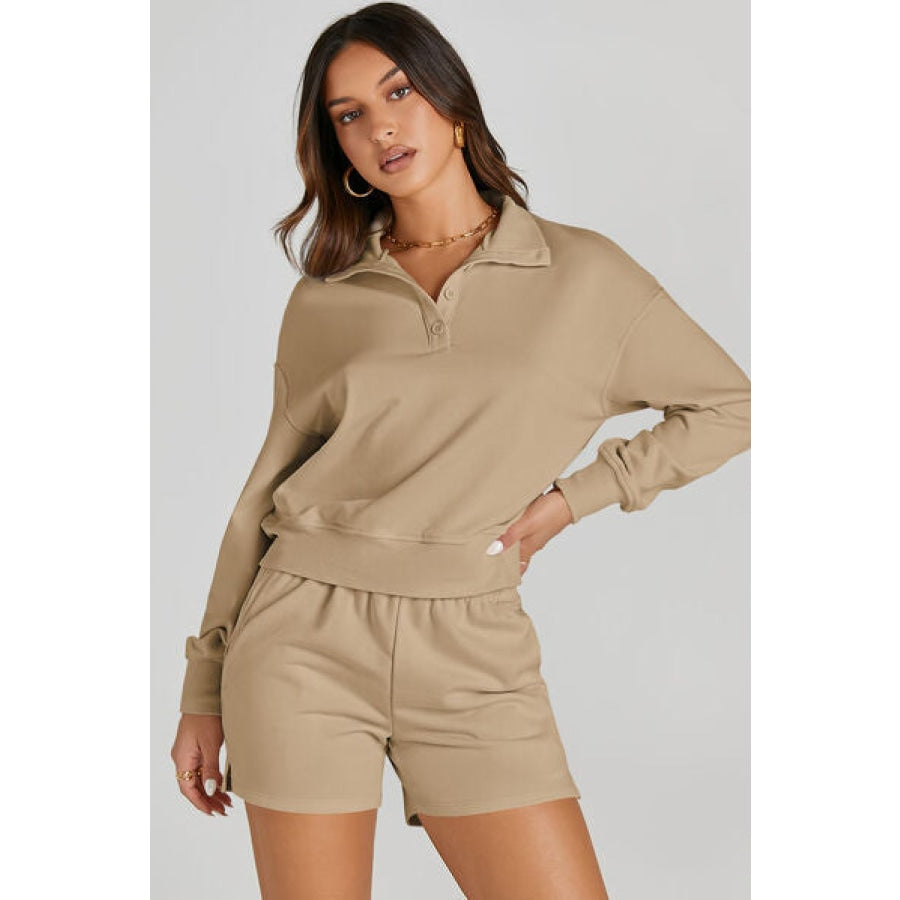 Half Button Sweatshirt and Shorts Active Set Tan / S Clothing