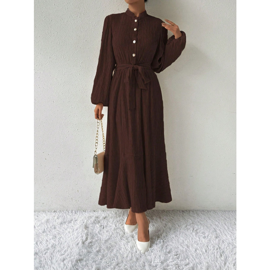 Half Button Tie Waist Long Sleeve Maxi Dress Apparel and Accessories