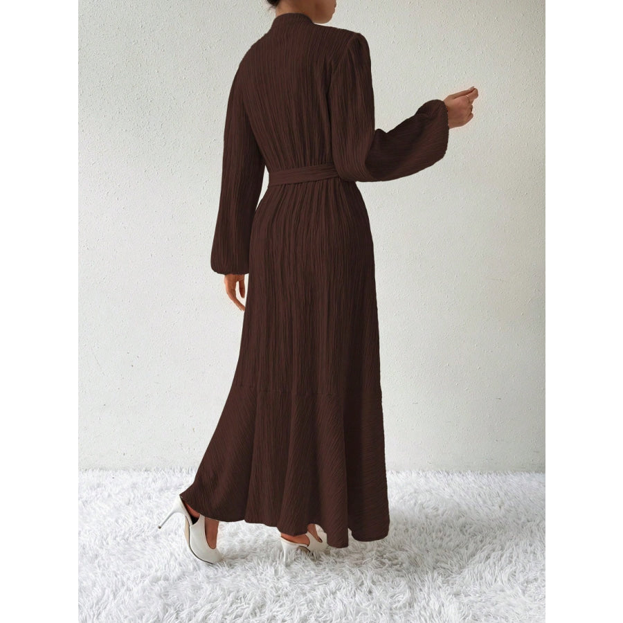 Half Button Tie Waist Long Sleeve Maxi Dress Apparel and Accessories