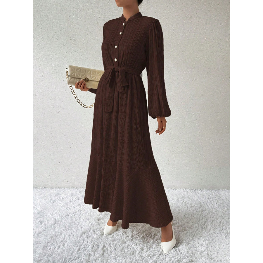 Half Button Tie Waist Long Sleeve Maxi Dress Apparel and Accessories