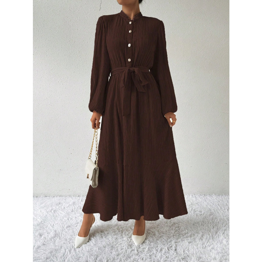 Half Button Tie Waist Long Sleeve Maxi Dress Apparel and Accessories