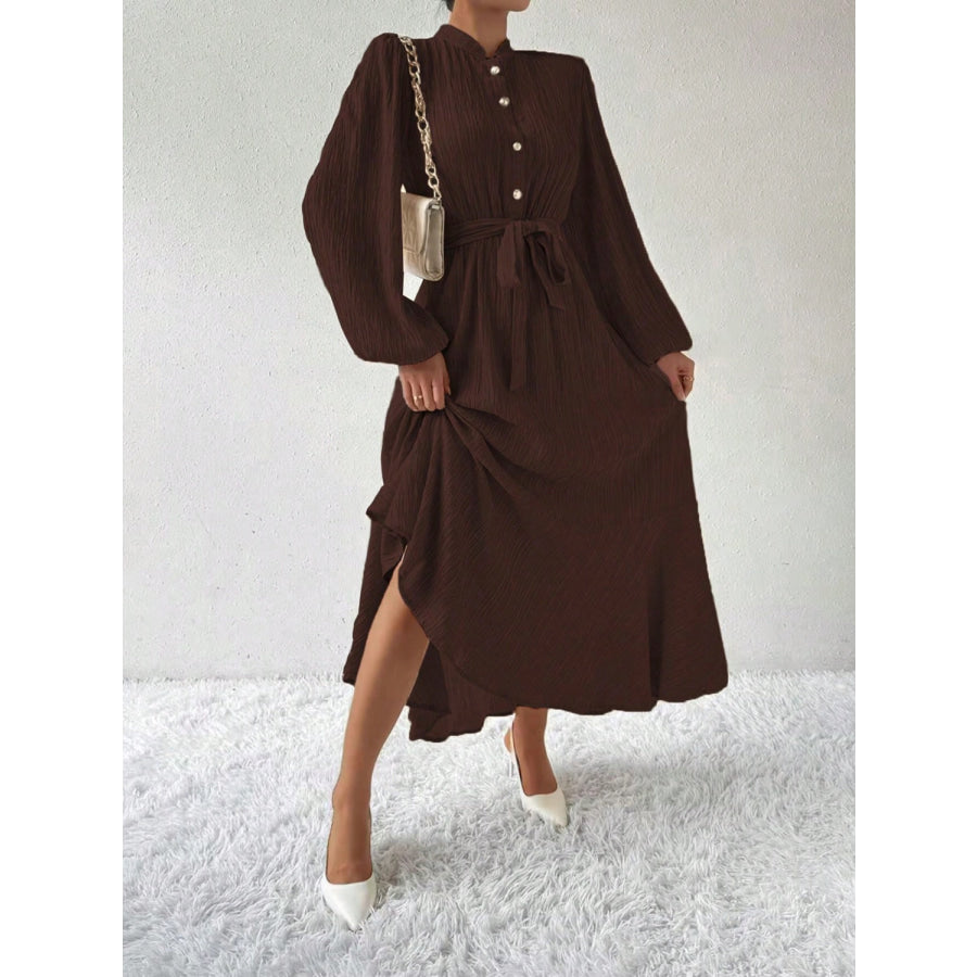 Half Button Tie Waist Long Sleeve Maxi Dress Apparel and Accessories