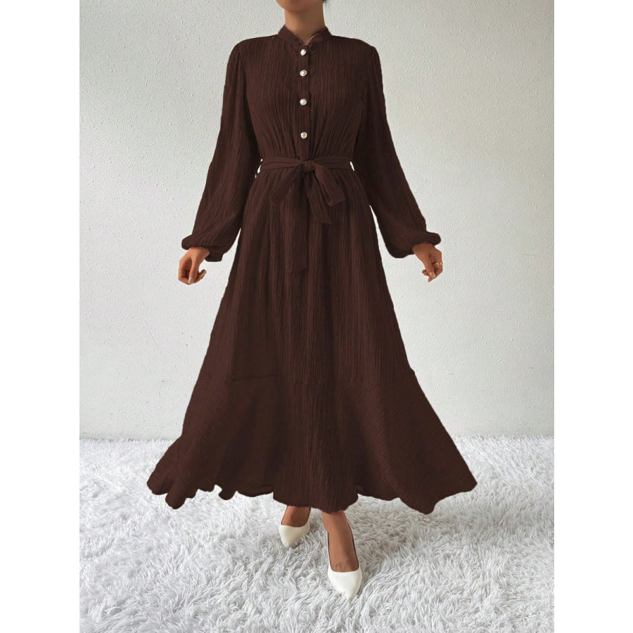 Half Button Tie Waist Long Sleeve Maxi Dress Chocolate / S Apparel and Accessories