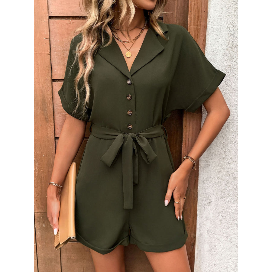 Half Button Tie Waist Short Sleeve Romper Army Green / S Apparel and Accessories