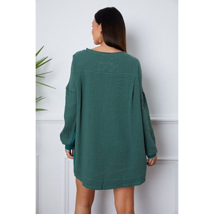 Half Button Up Round Neck Blouse Green / S Clothing