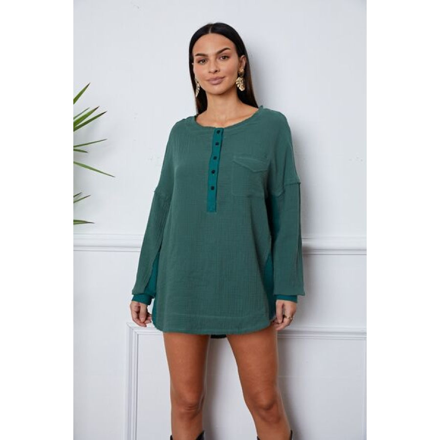 Half Button Up Round Neck Blouse Green / S Clothing