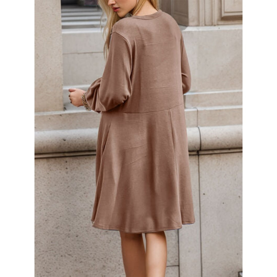 Half Button V-Neck Long Sleeve Dress with Pockets Clothing