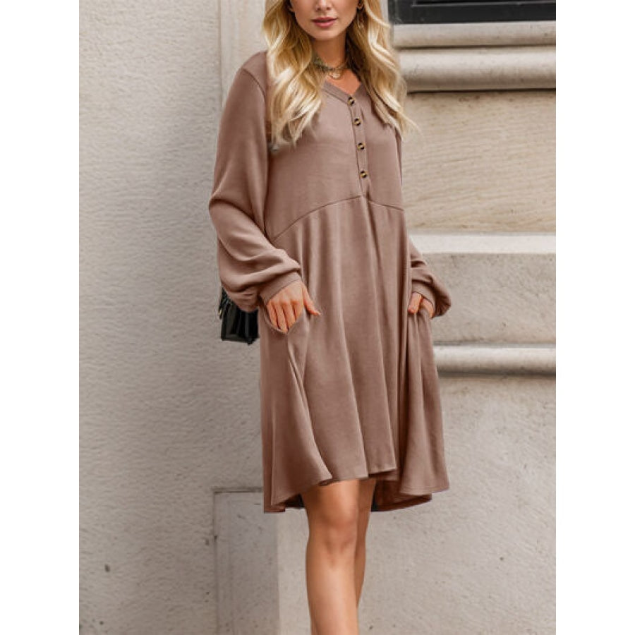 Half Button V-Neck Long Sleeve Dress with Pockets Mocha / S Clothing