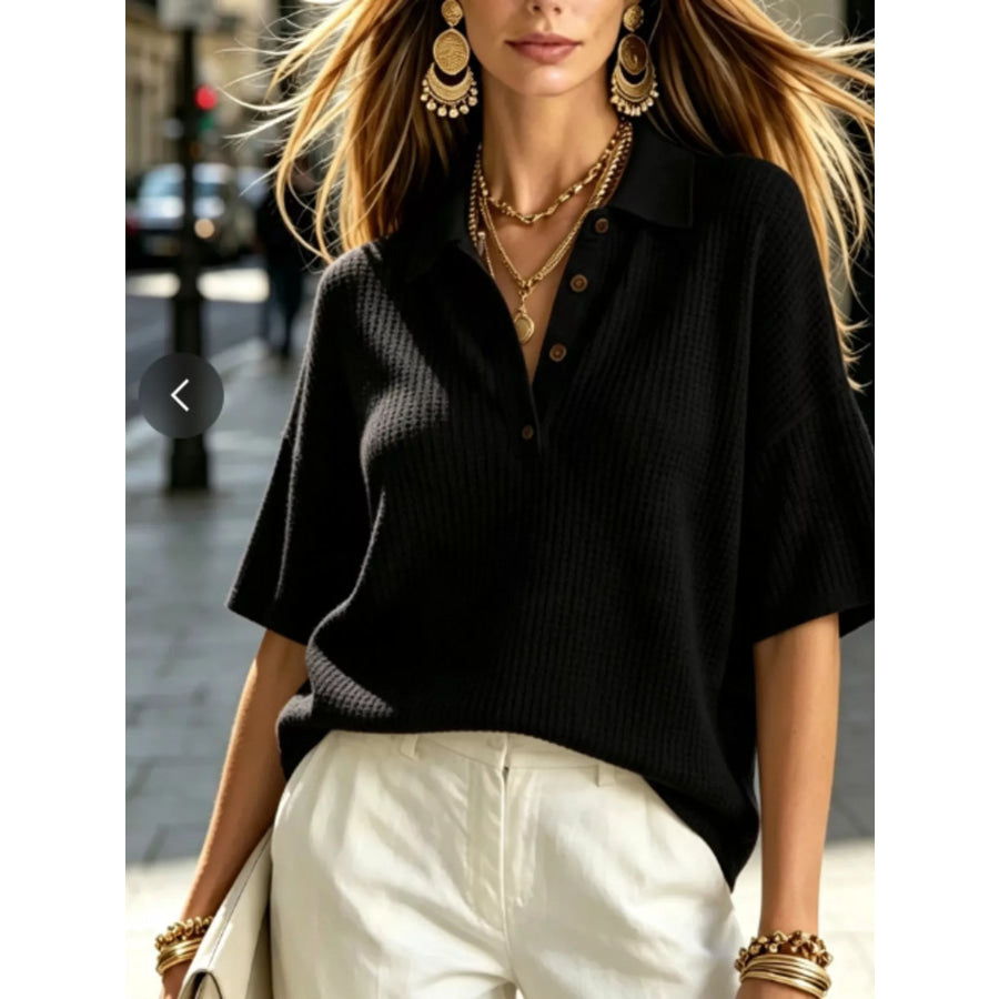 Half Button Waffle Knit Polo Shirt Black / S Apparel and Accessories