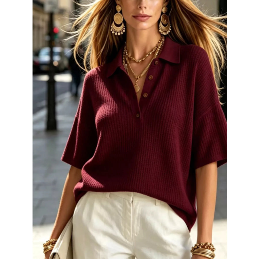 Half Button Waffle Knit Polo Shirt Burgundy / S Apparel and Accessories