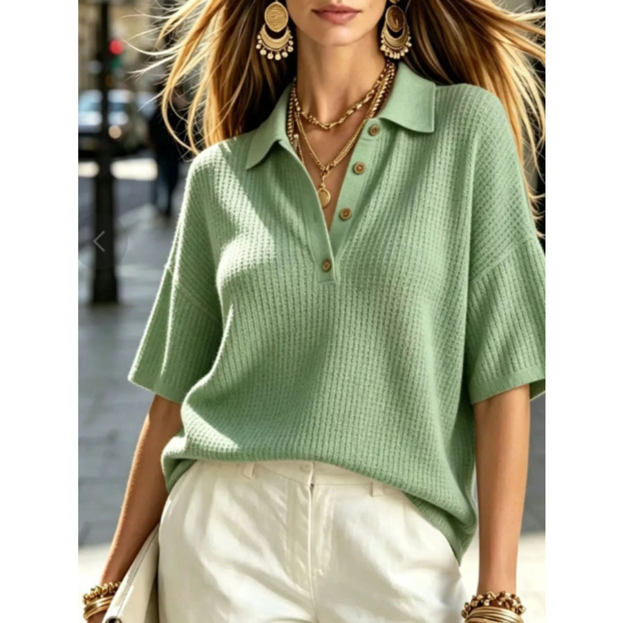 Half Button Waffle Knit Polo Shirt Light Green / S Apparel and Accessories