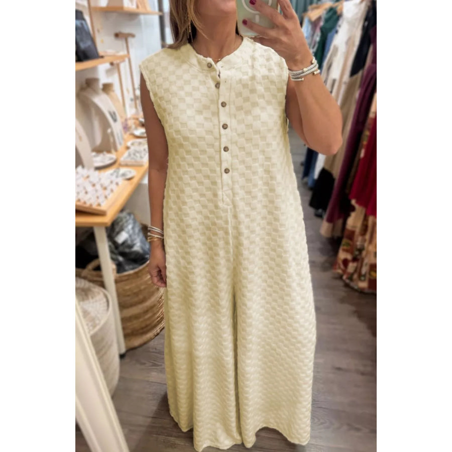 Half Buttons Sleeveless Wide Leg Textured Jumpsuit Apparel and Accessories