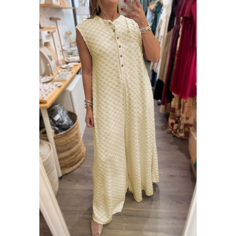 Half Buttons Sleeveless Wide Leg Textured Jumpsuit Cream / S Apparel and Accessories