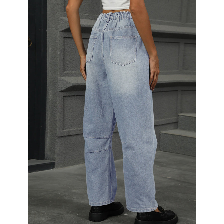 Half Elastic Waist Straight Leg Jeans Apparel and Accessories