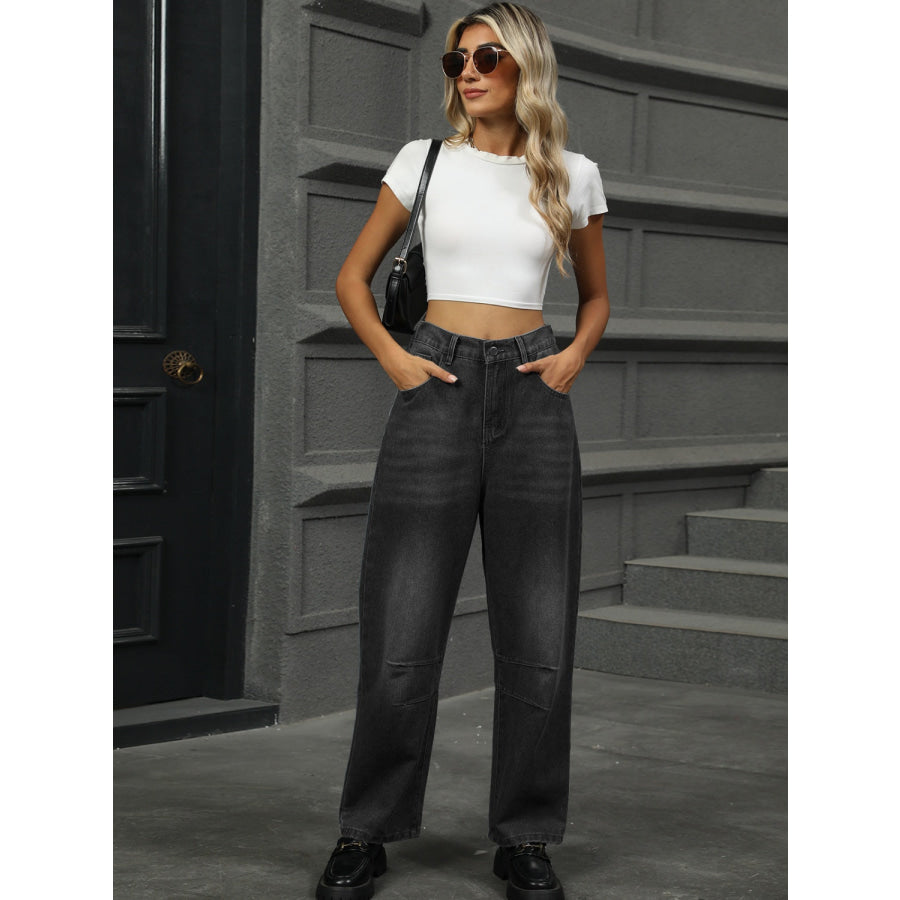 Half Elastic Waist Straight Leg Jeans Apparel and Accessories