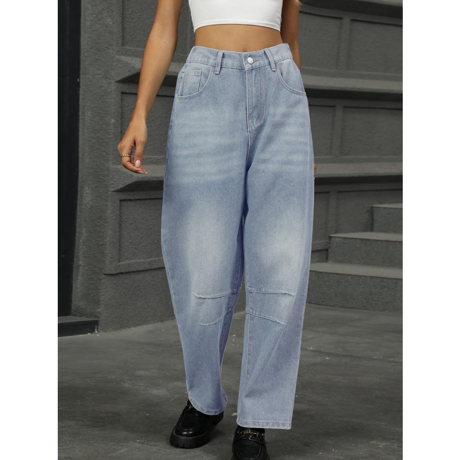 Half Elastic Waist Straight Leg Jeans Apparel and Accessories