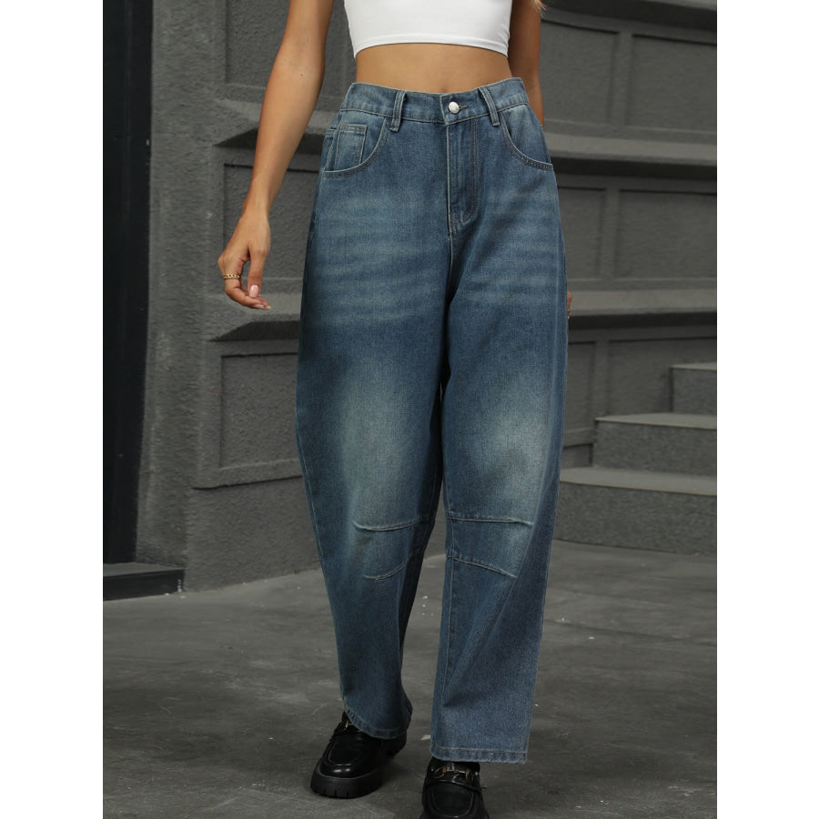 Half Elastic Waist Straight Leg Jeans Apparel and Accessories