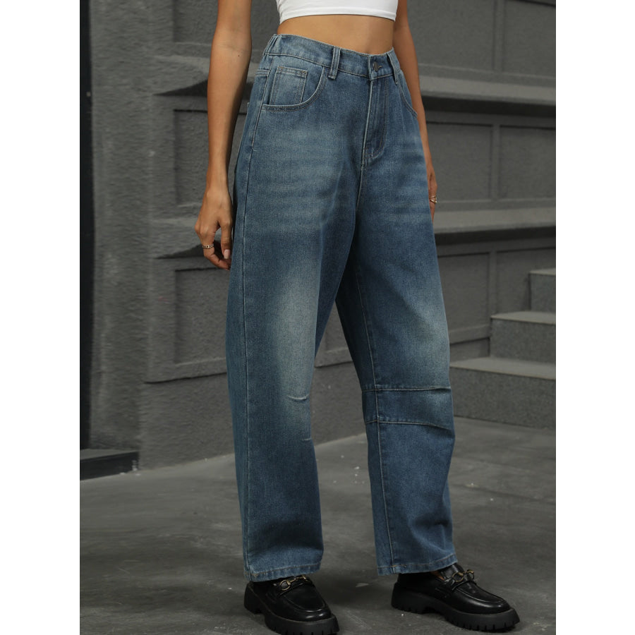 Half Elastic Waist Straight Leg Jeans Apparel and Accessories