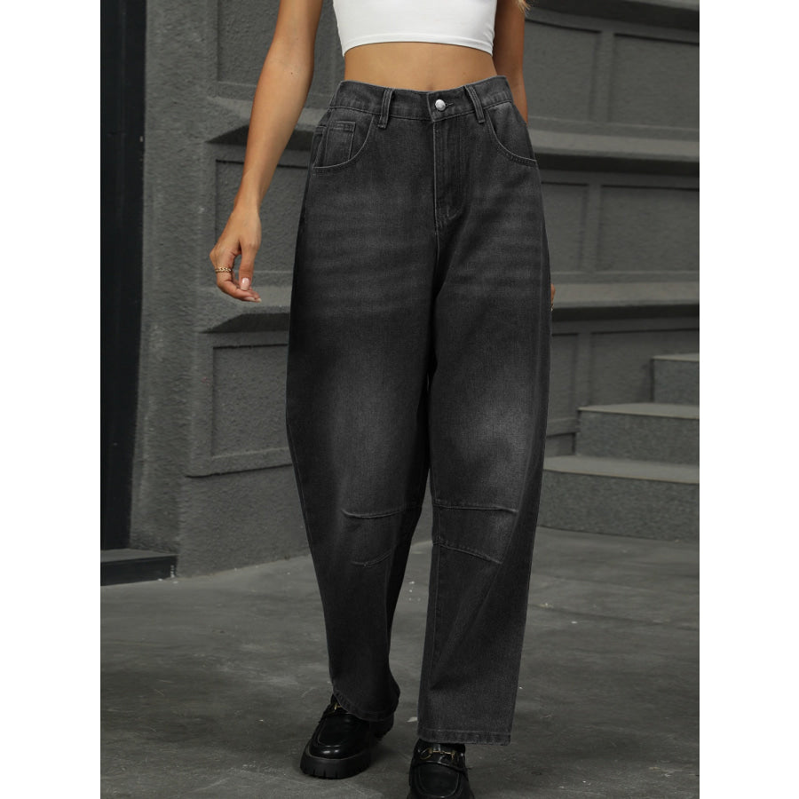 Half Elastic Waist Straight Leg Jeans Apparel and Accessories