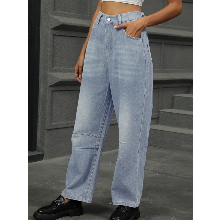 Half Elastic Waist Straight Leg Jeans Apparel and Accessories