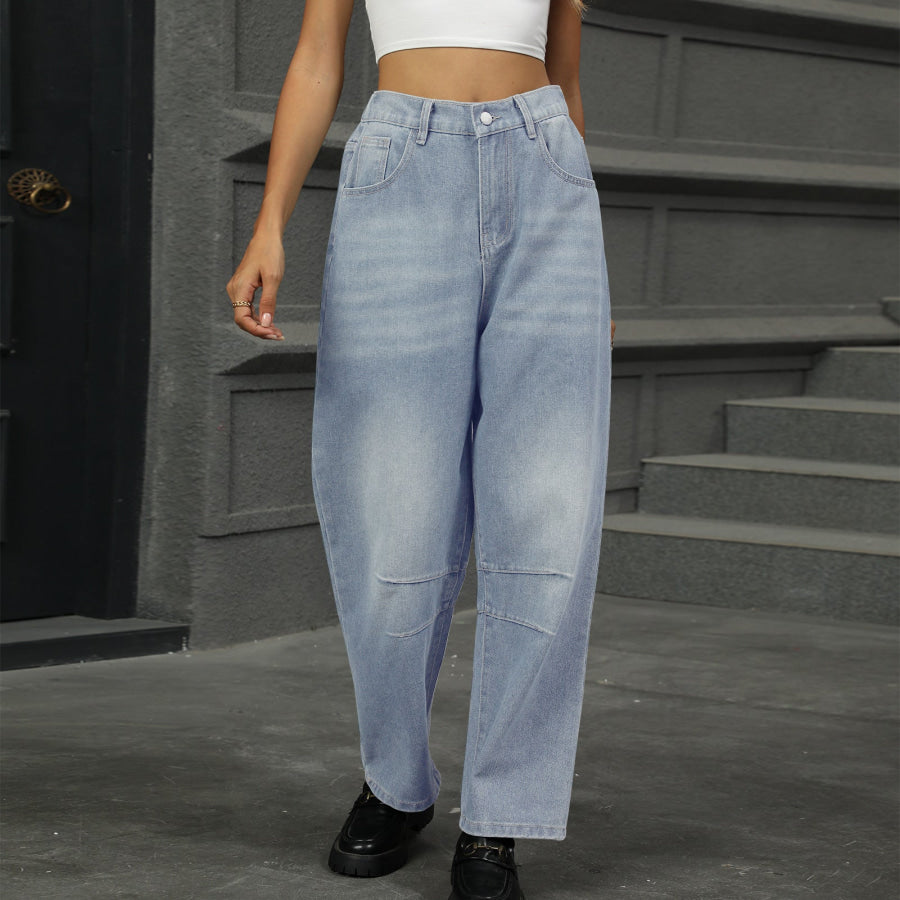 Half Elastic Waist Straight Leg Jeans Apparel and Accessories