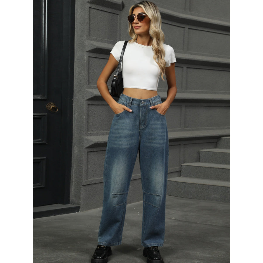 Half Elastic Waist Straight Leg Jeans Apparel and Accessories