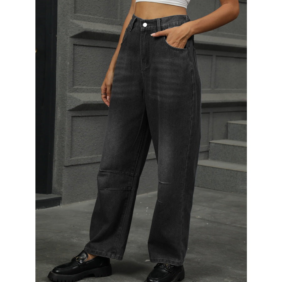 Half Elastic Waist Straight Leg Jeans Apparel and Accessories