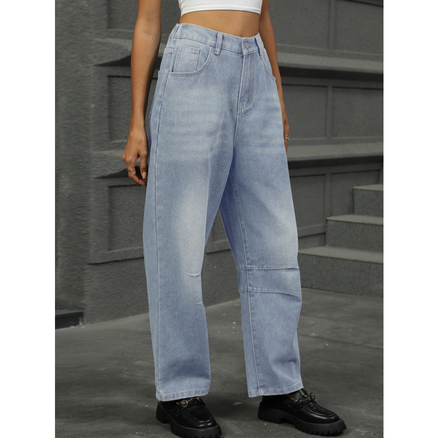 Half Elastic Waist Straight Leg Jeans Apparel and Accessories