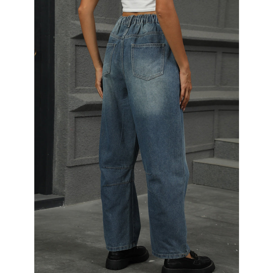 Half Elastic Waist Straight Leg Jeans Apparel and Accessories