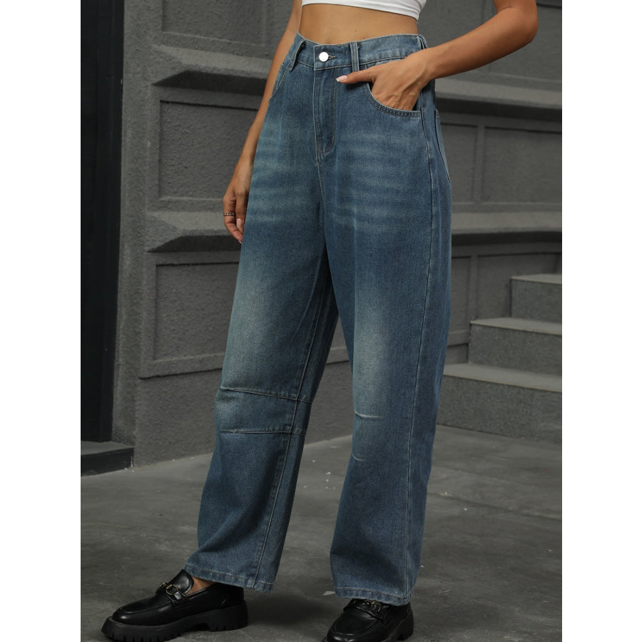 Half Elastic Waist Straight Leg Jeans Dark / S Apparel and Accessories