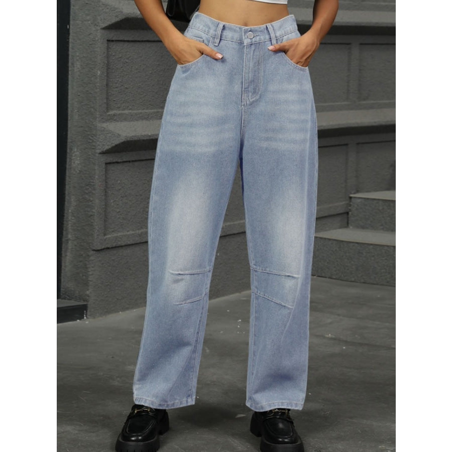 Half Elastic Waist Straight Leg Jeans Light / S Apparel and Accessories