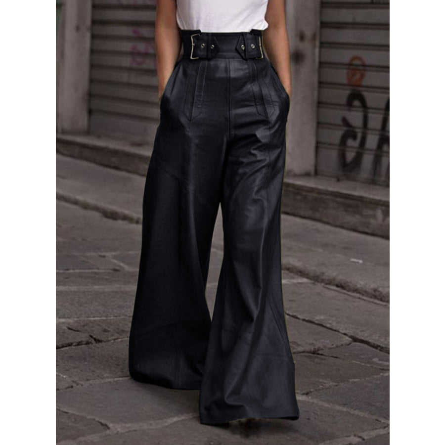 Half Elastic Waist Wide Leg Pants Black / S Apparel and Accessories