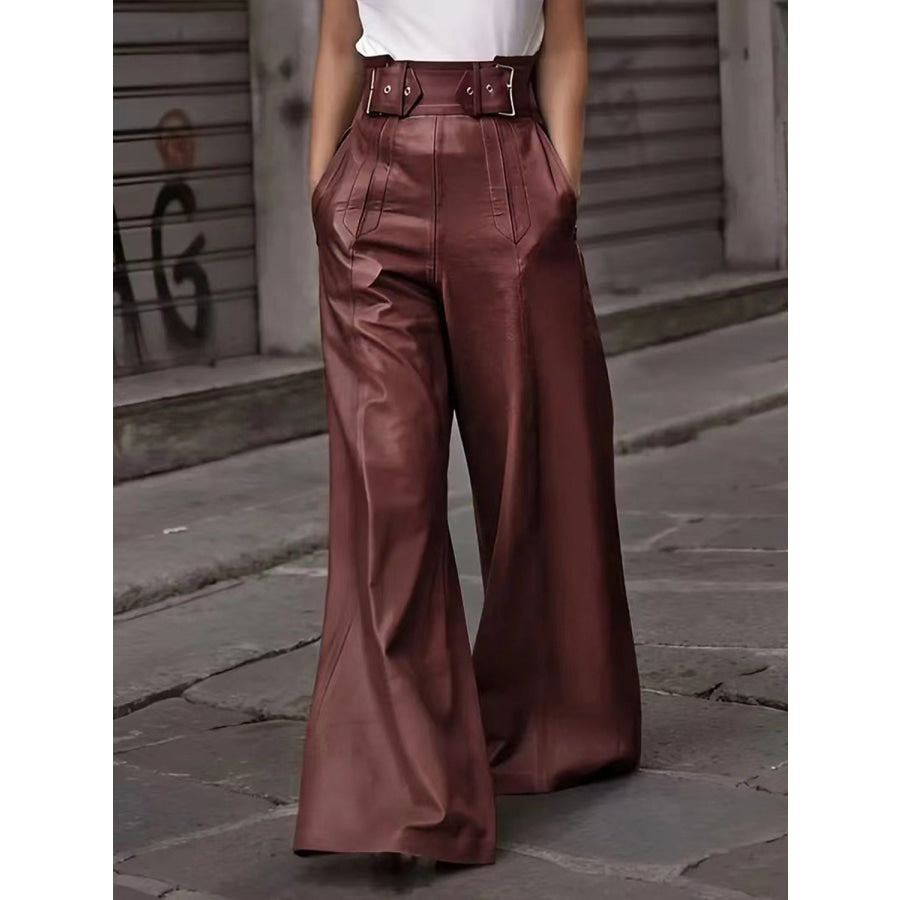 Half Elastic Waist Wide Leg Pants Burgundy / S Apparel and Accessories