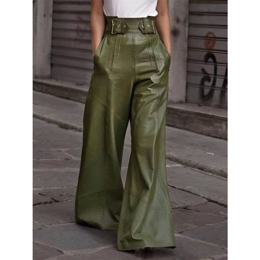 Half Elastic Waist Wide Leg Pants Moss / S Apparel and Accessories