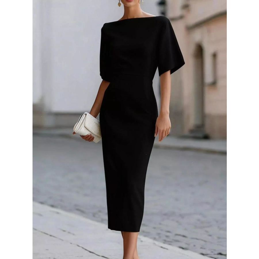 Half Sleeve Boat Neck Midi Dress Black / S Apparel and Accessories