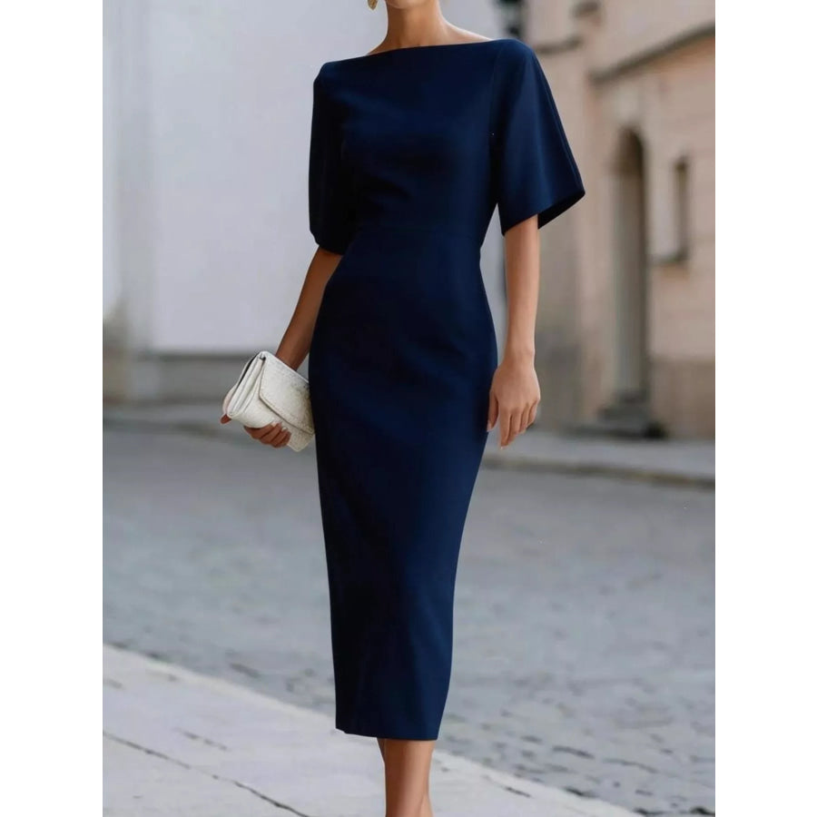 Half Sleeve Boat Neck Midi Dress Navy Blue / S Apparel and Accessories