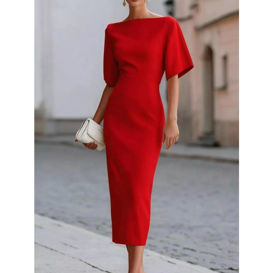 Half Sleeve Boat Neck Midi Dress Red / S Apparel and Accessories