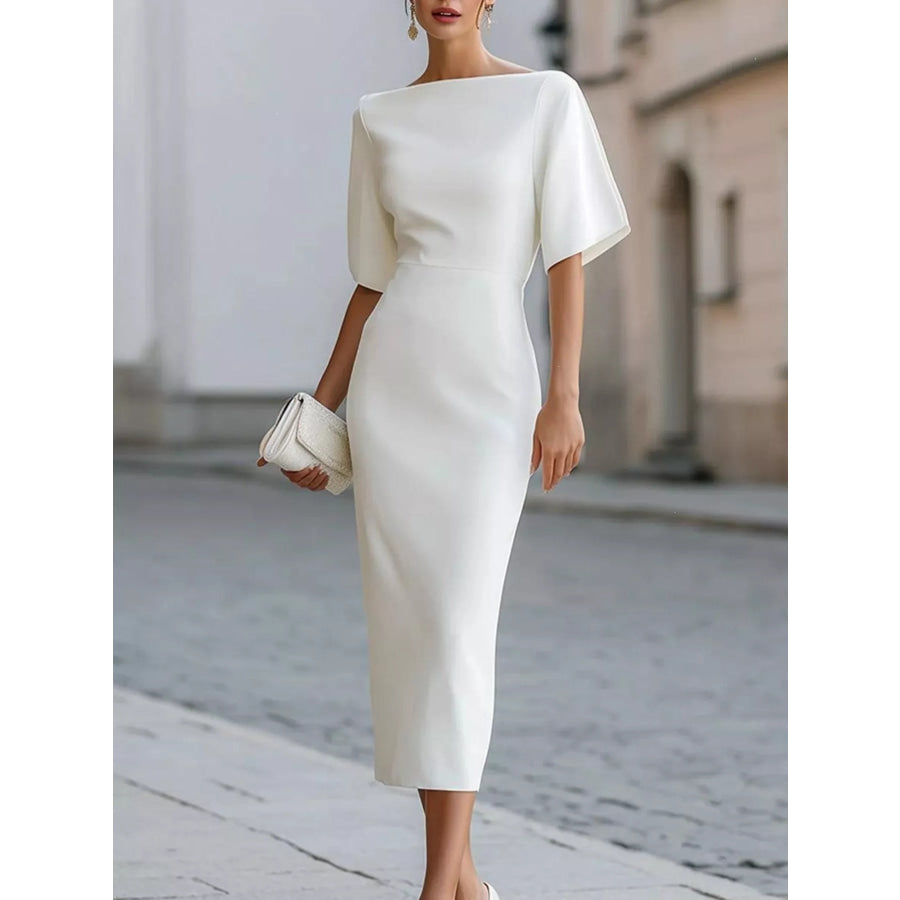 Half Sleeve Boat Neck Midi Dress White / S Apparel and Accessories