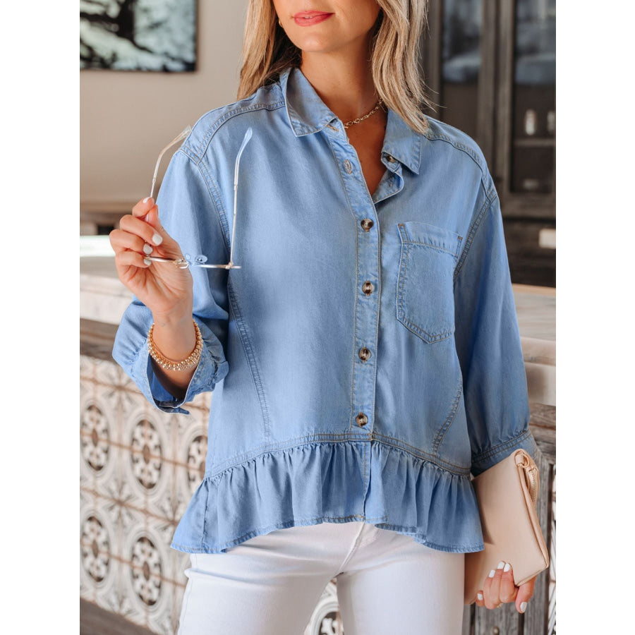 Half Sleeve Button Down Ruffled High Low Chambray Shirt Apparel and Accessories