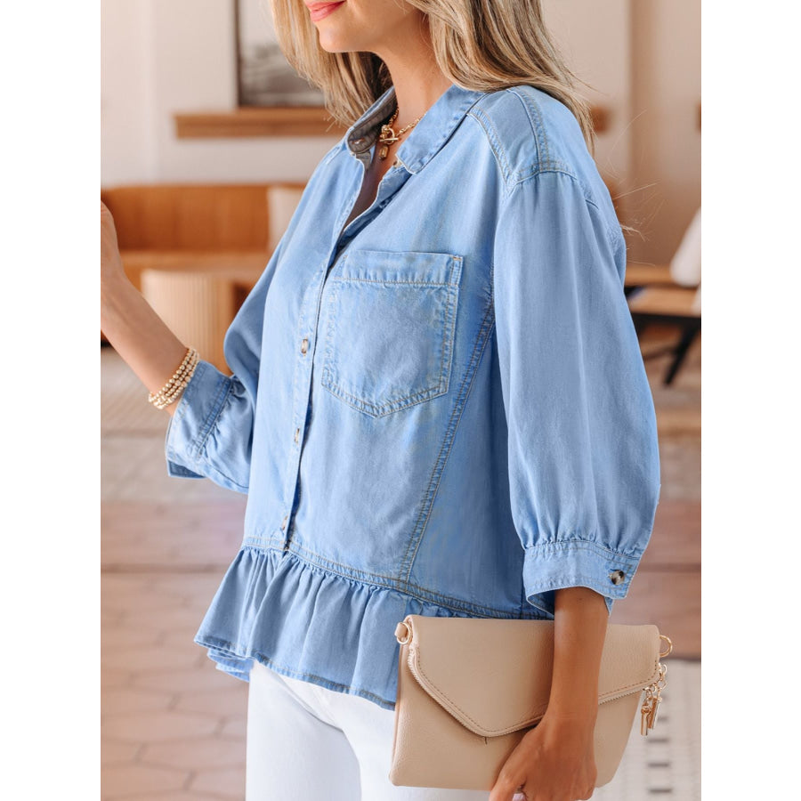 Half Sleeve Button Down Ruffled High Low Chambray Shirt Apparel and Accessories