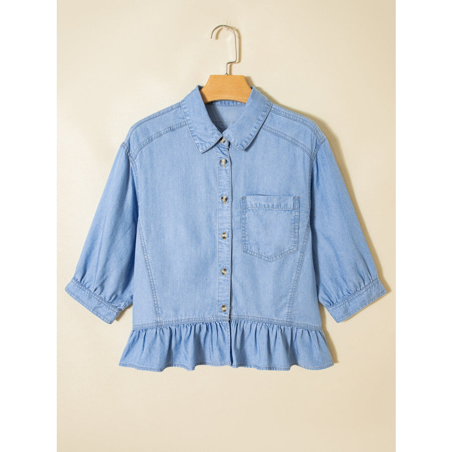 Half Sleeve Button Down Ruffled High Low Chambray Shirt Apparel and Accessories