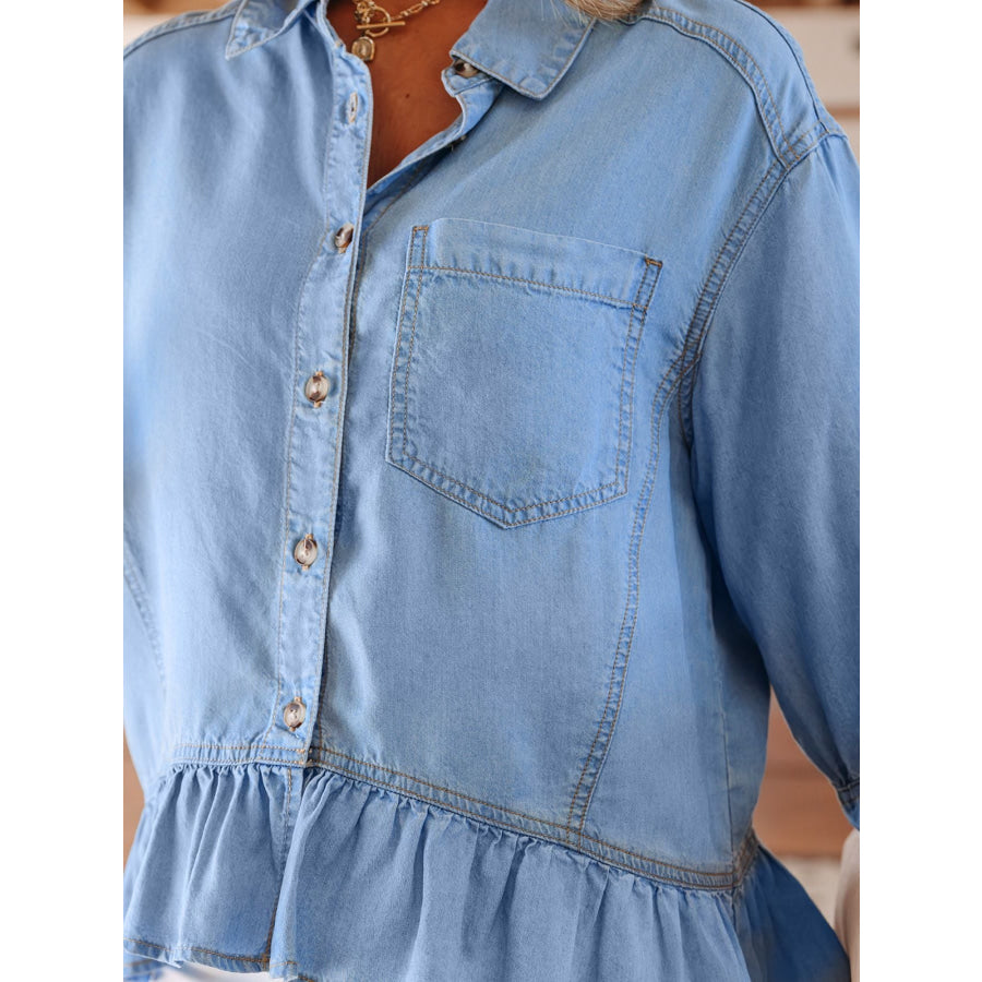Half Sleeve Button Down Ruffled High Low Chambray Shirt Apparel and Accessories