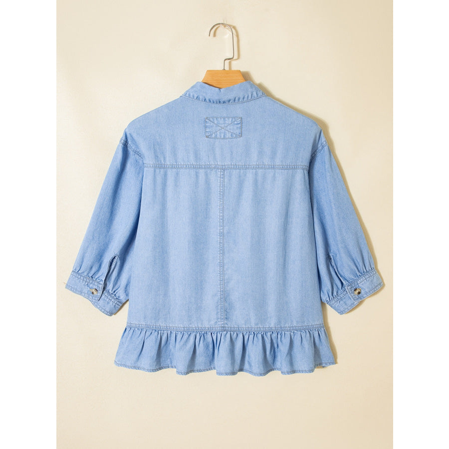 Half Sleeve Button Down Ruffled High Low Chambray Shirt Apparel and Accessories