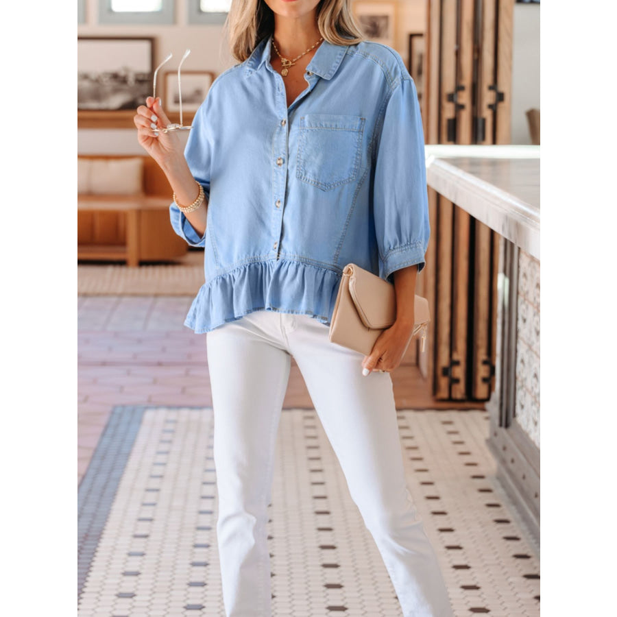 Half Sleeve Button Down Ruffled High Low Chambray Shirt Apparel and Accessories