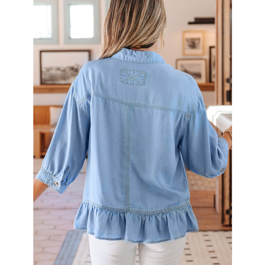 Half Sleeve Button Down Ruffled High Low Chambray Shirt Apparel and Accessories