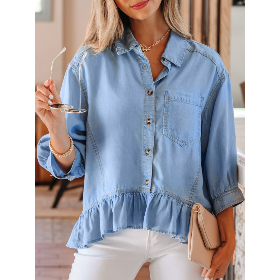 Half Sleeve Button Down Ruffled High Low Chambray Shirt Light Blue / S Apparel and Accessories