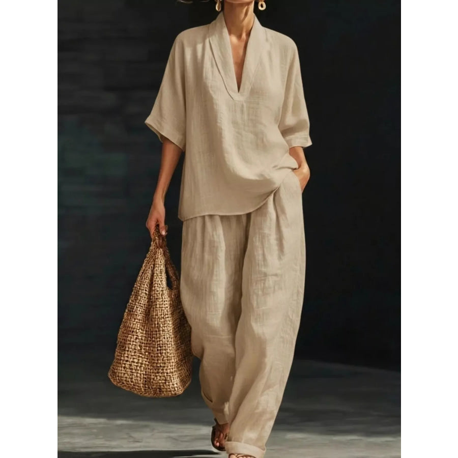 Half Sleeve Loose Fit Top and Pants Set Apricot / S Apparel and Accessories