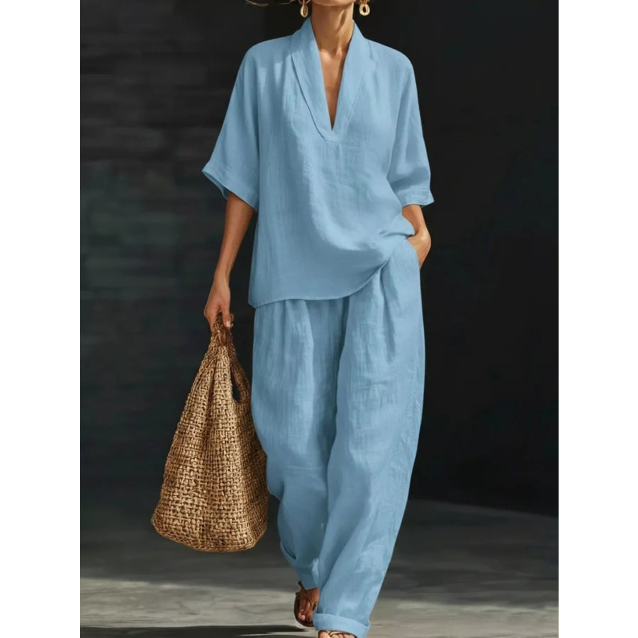 Half Sleeve Loose Fit Top and Pants Set Blue / S Apparel and Accessories